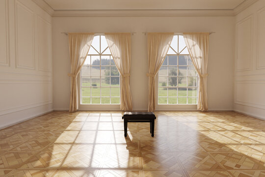classic spacious living room with paneling walls in the sunlight. 3D Rendering