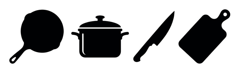 A minimalist set of black kitchen utensil icons: frying pan, cooking pot, knife, and cutting board. A simple vector graphic for culinary logos, menus, or food blogs.