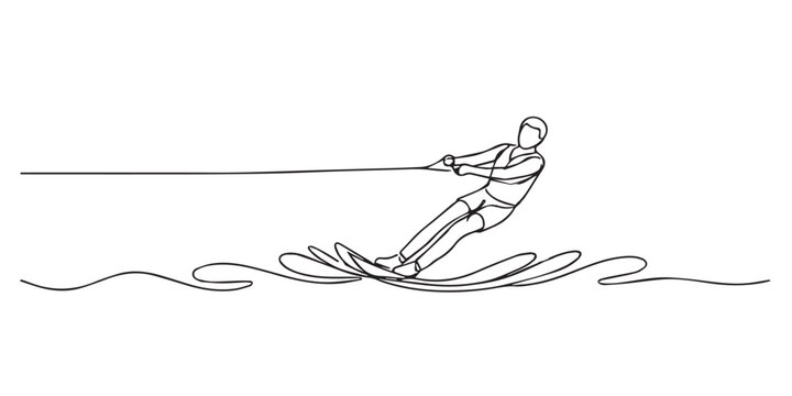 single line water skiing.continuous line drawing of man riding water skis pulled by rope.water sport action concept.one line vector illustration.