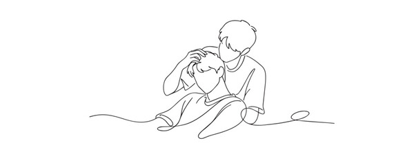 Obraz premium single line men affection.continuous line drawing of two men showing tenderness stroking hair.love and care concept.one line vector illustration.
