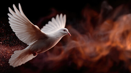 Obraz premium White dove flying with outstretched wings against a fiery, spiritual background, symbolizing Pentecost, resurrection, freedom, hope, and the descent of the Holy Spirit. Pentecost