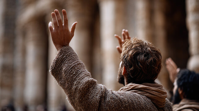 Person raising hands in prayer during a worship service, bathed in soft light with a blurred congregation behind, evoking faith, devotion, hope and divine connection. Pentecost
