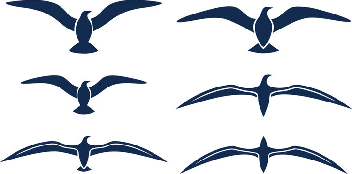 Dark blue seagull silhouettes in various flying positions seagulls bird silhouettes