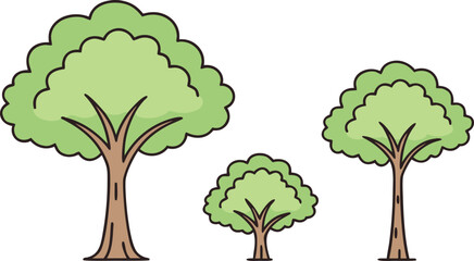 Cartoon of three green trees with brown trunks and leafy canopies cartoon trees brown tree trunks © CDMIZAN