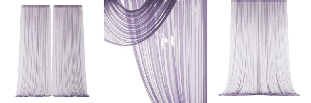 Set of elegant lavender purple sheer tulle curtains with soft drapes isolated on white background
