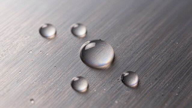 High-resolution featuring close-up several water droplets brushed metal surface varying sizes shapes round oth