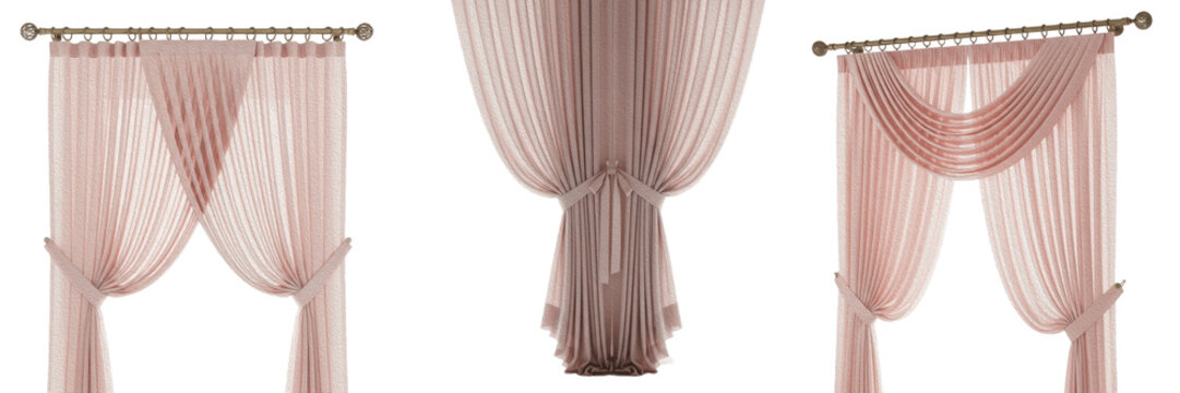 Set of elegant dusty rose sheer tulle curtains with luxury swags isolated on white background