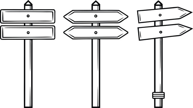 Hand drawn road signs on wooden posts direction signs black and white