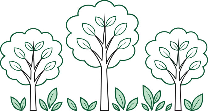 Cartoon trees with green leaves and bush on white background leaf