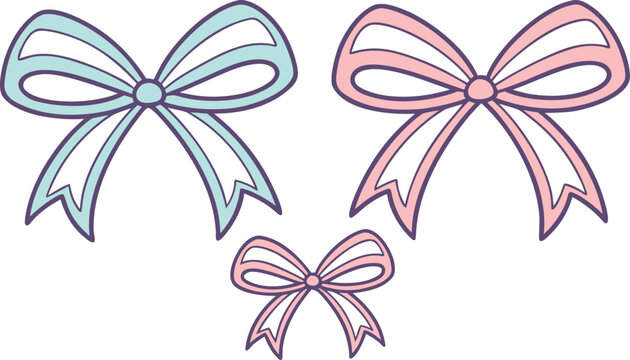 Pastel colored bows in blue pink and purple on white background ribbons pastel colors
