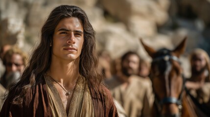 Obraz premium A cinematic biblical scene of Adonijah, a tall young prince in deep crimson robes, standing beside a ceremonial chariot and horses near En Rogel outside Jerusalem, surrounded by supporters in a sunlit