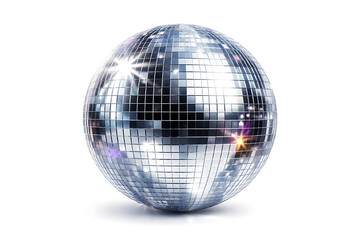 Fototapeta premium Disco ball with shiny mirrored tiles reflecting light on white background