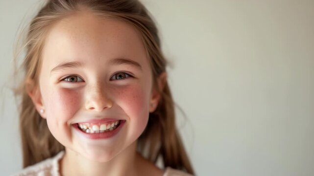 Happy young girl with dimples, bright smile, and freckles.