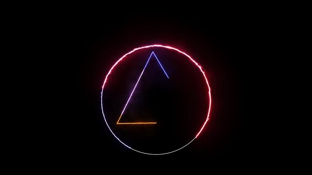 Glowing neon shine play button sign with neon circle animation. Neon glowing play button icon on the black background.