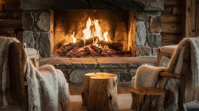 Warm lodge fireplace scene with flickering flames sharply detailed soft outoffocus wool throws and natural wood stools arranged around the stone hearth.
