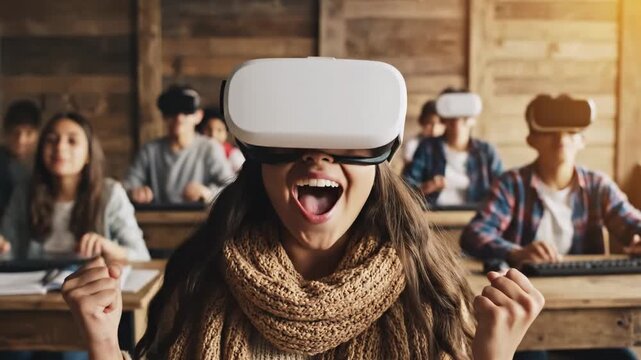 Excited Students Using Virtual Reality Technology in a Classroom for Modern Education and Future Learning Concepts.