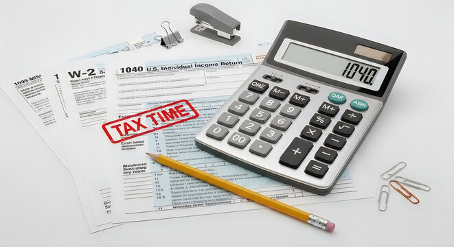 Tax preparation with calculator, W2 form, and office supplies on white background