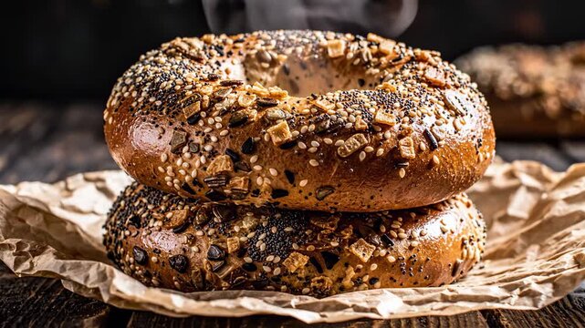 Freshly Baked Everything Bagels Stacked on Rustic Paper with Rising Steam for Bakery Menus and Breakfast Food Advertising.