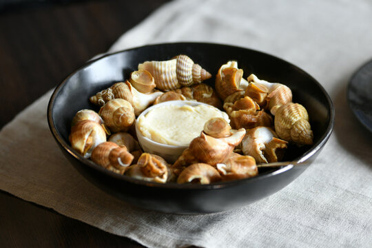 French bulot sea snails with sauce traditional seafood delicacy plate