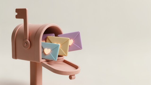 3D cute pink mailbox with colorful envelopes and glowing hearts.