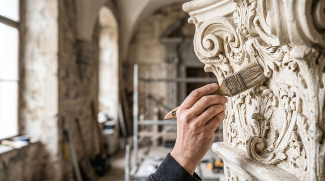 Artist using a detailed brush to restore and clean intricate Baroque plasterwork on a historic building column.