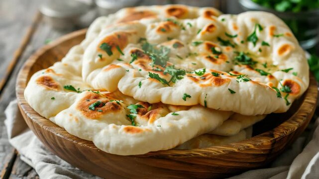 Fresh naan bread, golden and soft, sits in a wooden bowl. Sprinkled with fresh herbs, it looks warm and inviting. The bread's surface shows gentle, appealing grill marks. Placed atop a rustic cloth
