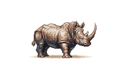 Fototapeta premium Pixel art illustration of a powerful rhinoceros with long horn.