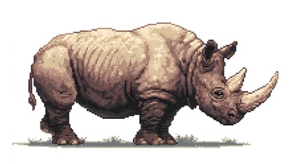 Obraz premium Pixel art illustration of a powerful rhinoceros with long horn.