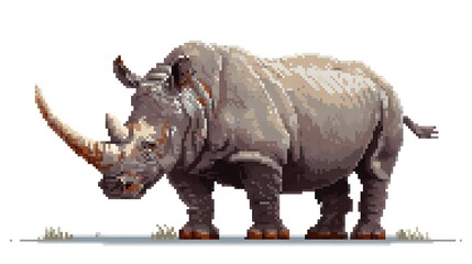Obraz premium Pixel art illustration of a powerful rhinoceros with long horn.