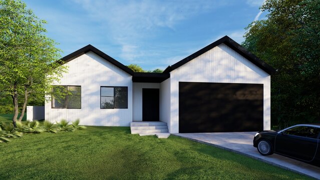 3D render of a modern white suburban house with black gabled roof, double garage, and manicured green lawn under a blue sky