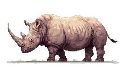 Obraz premium Pixel art illustration of a powerful rhinoceros with long horn.
