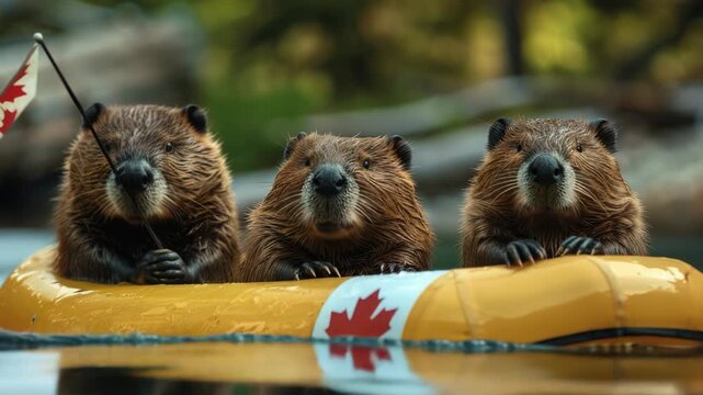 Three beavers in the water, two of which are looking at the camera.