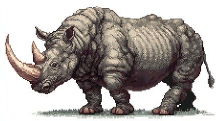 Fototapeta premium Pixel art illustration of a powerful rhinoceros with long horn.