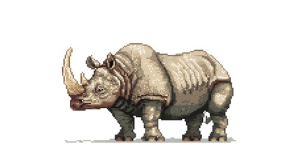 Obraz premium Pixel art illustration of a powerful rhinoceros with long horn.