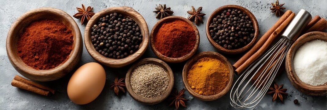 Top View of Assorted Aromatic Spices and Baking Ingredients in Wooden Bowls with Whisk on Rustic Grey Stone Surface for Culinary Preparation and Cooking