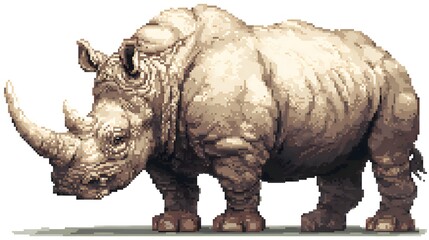 Fototapeta premium Pixel art illustration of a powerful rhinoceros with long horn.
