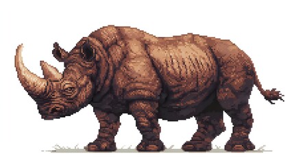 Fototapeta premium Pixel art illustration of a powerful rhinoceros with long horn.