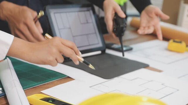 Construction engineers discussing project in office