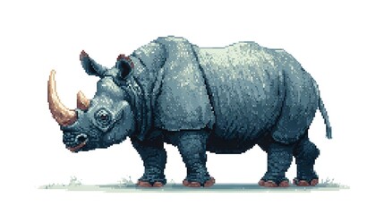 Fototapeta premium Pixel art illustration of a powerful rhinoceros with long horn.