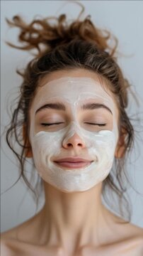 A woman's face with a calming facial mask, embodying self-care and natural beauty rituals.