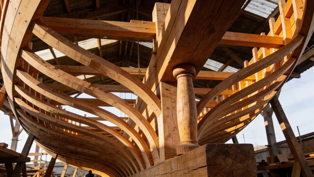 Wooden boat frame structure closeup details.