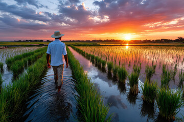 Fototapeta premium Farmer walking in rice paddy at sunset
