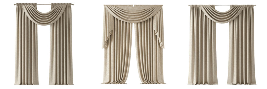 Set of elegant beige classic curtains with luxury swags and valances isolated on white background