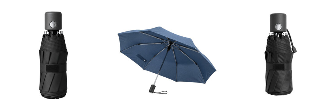 Automatic folding blue umbrella open and closed black case isolated on white background collage set.