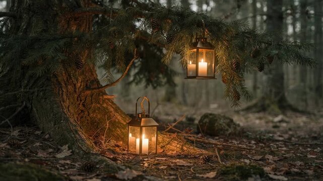 Medium shot capturing a dense woodland corner decorated with evergreen garlands and lanterns the textured bark and decorations sharply defined while distant forest trees fade out