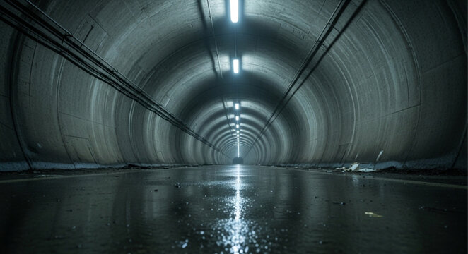 Eerie Tunnel with Reflections and Dim Lighting.