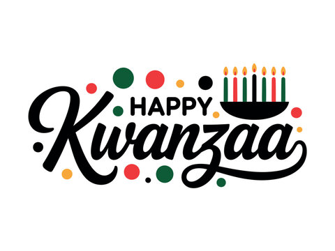 A festive Happy Kwanzaa greeting with colorful dots and lit candles