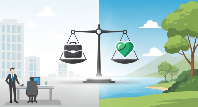 Work-life balance concept - briefcase and heart on scales, contrasting urban and nature backgrounds.