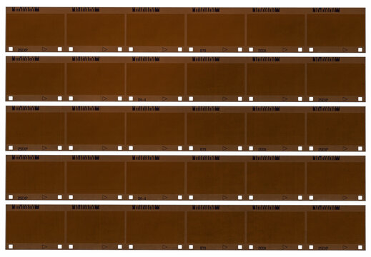 High-resolution scan of empty and overexposed APS film strips showing warm brown tones, frame markings, and analog imperfections.