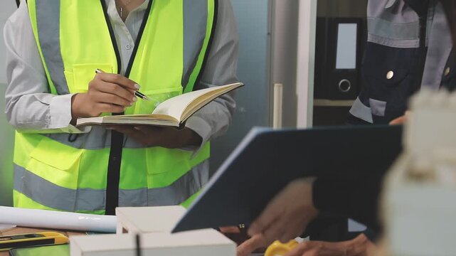 Construction engineers discussing project in office